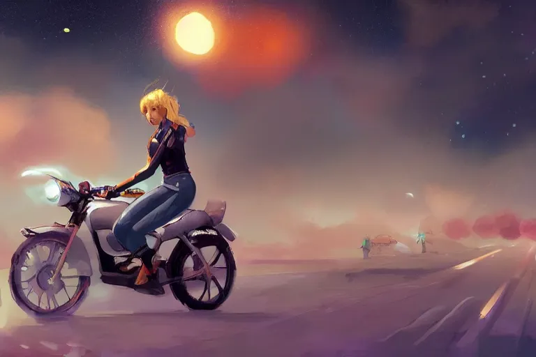 Image similar to a girl is riding a motorbike, digital painting, artstation, the space background,concept art, sharp focus, illustration,