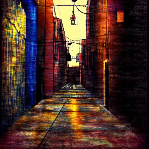 Prompt: Happiness in a dark city alley, digital art