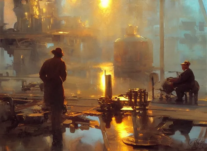 Image similar to oil painting of copper still in factory setting, art by anders zorn, wonderful masterpiece by greg rutkowski, beautiful cinematic light, american romanticism by greg manchess, reflections in copper, sunlight, dust and steam