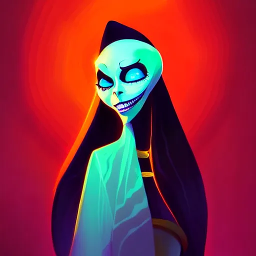 Image similar to curled perspective digital art of a dark hair woman with face covered by arafat arab scarf by anton fadeev from nightmare before christmas