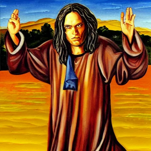 Image similar to tommy wiseau jesus break dances on the water, biblical, oil painting, sunny, beautiful