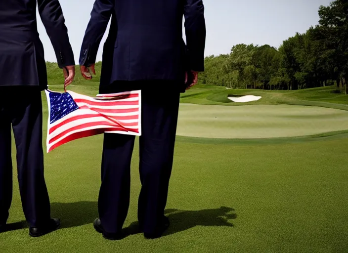 Image similar to front view of a single Donald Trump with hands behind back taken away by two young FBI agents wearing uniforms at golf course, photo by Alex Webb, photo by James Nachtwey