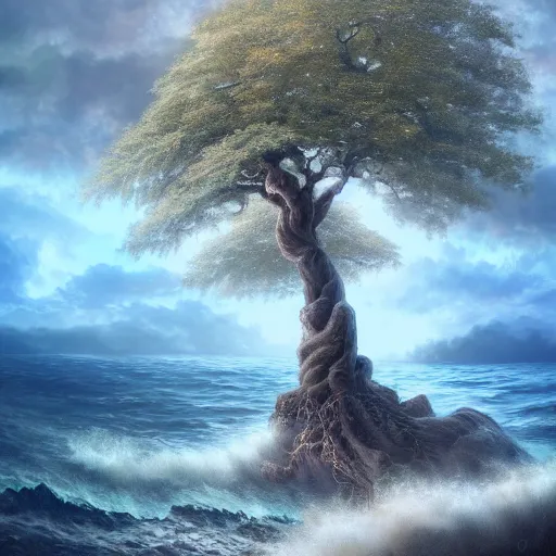 Image similar to a hyperdetailed matte painting of a german romantic tree emerging from an oceanographic landscape, magic realism painting, trending on artstation