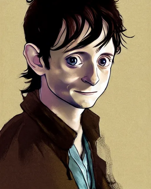 Prompt: portrait Anime joyful Elijah Wood as Hobbit Frodo Baggins; velvet brown jacket, backpack, Shire background || cute-fine-face, pretty face, realistic shaded Perfect face, fine details. Anime. realistic shaded lighting by katsuhiro otomo ghost-in-the-shell, magali villeneuve, artgerm, Jeremy Lipkin and Michael Garmash and Rob Rey, by Red Line anime title;