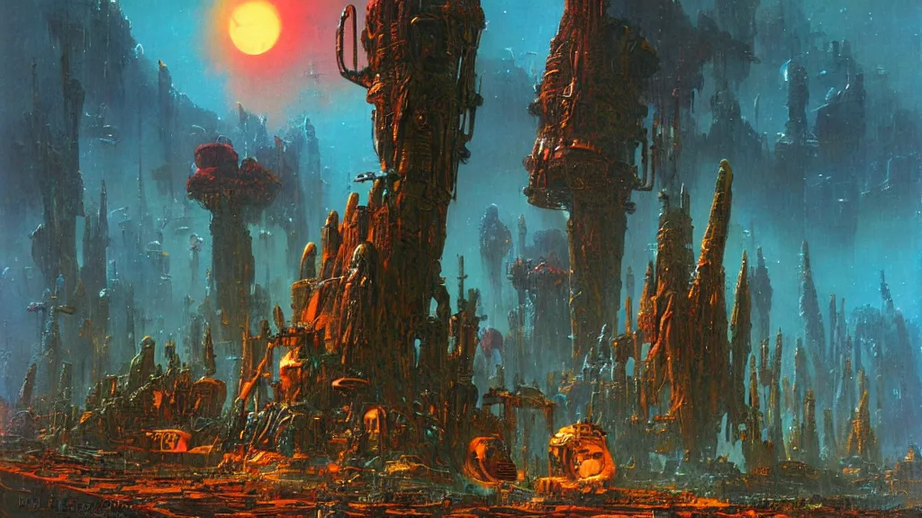 Image similar to ancient alien relics on a strange eerie alien planet by Paul Lehr and Bruce Pennington