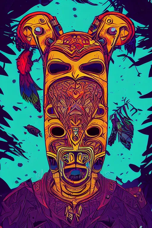 Image similar to totem animal mask tribal feather gemstone plant wood rock shaman vodoo video game vector illustration vivid color borderlands by josan gonzales and dan mumford radiating a glowing aura