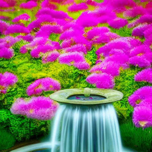 Prompt: photograph of flower fountain designed by Georgia O'Keefe, feminine, beautiful, curvy, flowers background, romantic, sensual, shallow depth of field, romantic lighting