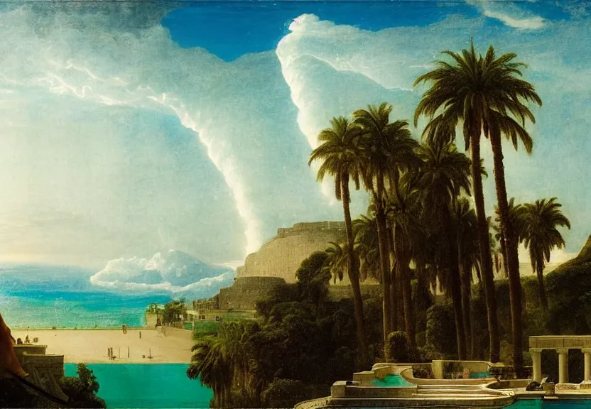 Image similar to The highest coliseum ever made, 1km tall, thunderstorm, greek pool, beach and palm trees on the background major arcana sky, by paul delaroche, hyperrealistic 4k uhd, award-winning very detailed