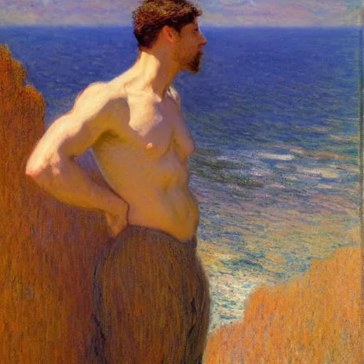 Prompt: an attractive male standing on a cliff, looking out at a red ocean, by gaston bussiere, craig mullins, j. c. leyendecker, claude monet