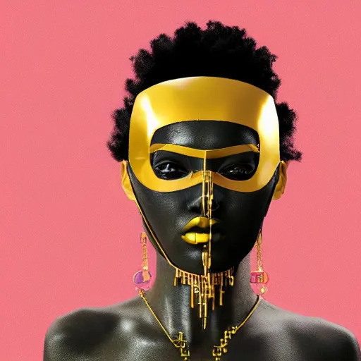 Image similar to afrofuturist woman in a crowded street wearing gold jewelry and a mask that covers the whole face, simple, cyberpunk, far shot, full body shot, 1970s X-Men art style