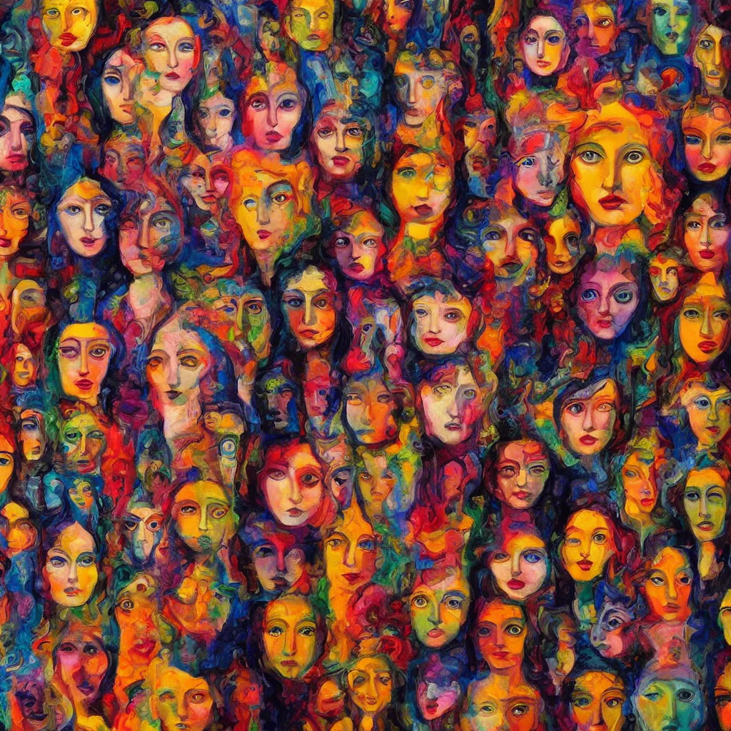 Prompt: surrealist painting of a goddess face looking directly into the camera multiplying to infinity, colorful, perfect symmetry, 8 k, award winning