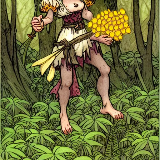 Image similar to A cute yellow-scaled Kobold-girl Herbalist collecting flowers in the forest. Absurdly-detailed fantasy character illustration by Rebecca Guay and Wayne Reynolds