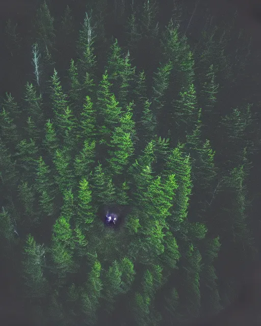 Image similar to werewolf in forest at night, shot from drone, grainy, polaroid, zoomed in