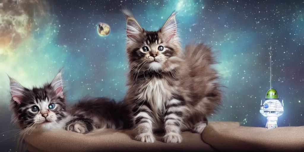 Prompt: a 3 d rendered movie still maine coon kitten descendant 1 million in the future. kitten wears a spacesuit, and explores cosmos in a space ship with a cat tree. science fiction blockbuster movie kittens rule the world or what's on tv? kittens!, dramatic lighting, imax 7 0 mm. buzz lightyear, ue 5, octane render.
