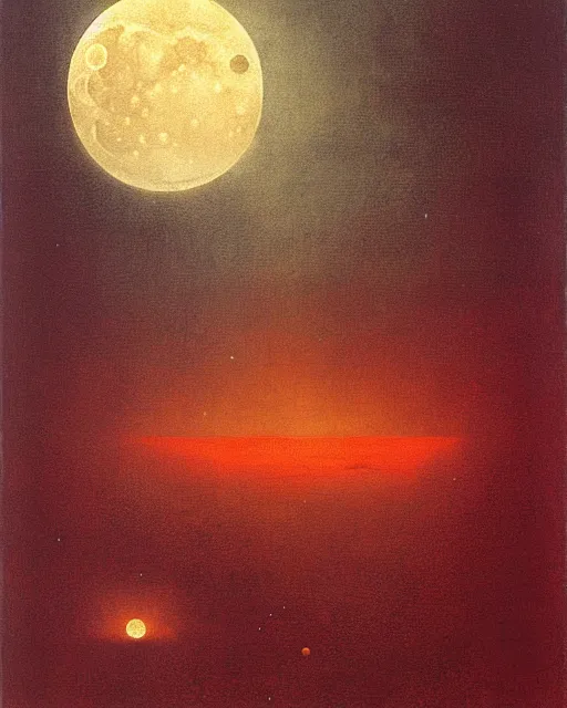Image similar to beksinski painting. moon fall over the ocean by zdzislaw beksinski, oil on canvas