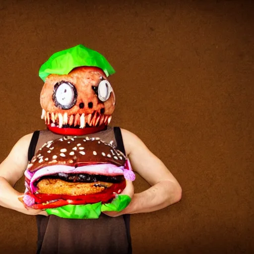 Image similar to a humanoid bipedal upright zombie that strongly resembles a hamburger, professional food photography