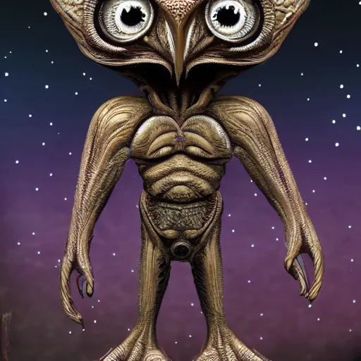 Image similar to alien owl, alien warrior, magic, stars, highly detailed, realistic, 8 k