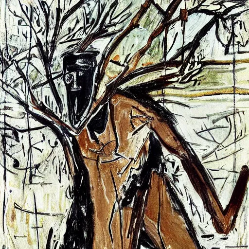 Image similar to The painting shows a man caught in a storm, buffeted by wind and rain. He clings to a tree for support, but the tree is bent nearly double by the force of the storm. The man's clothing is soaked through and his hair is plastered to his head. His face is contorted with fear and effort. Mediterranean by Bernard Buffet earthy