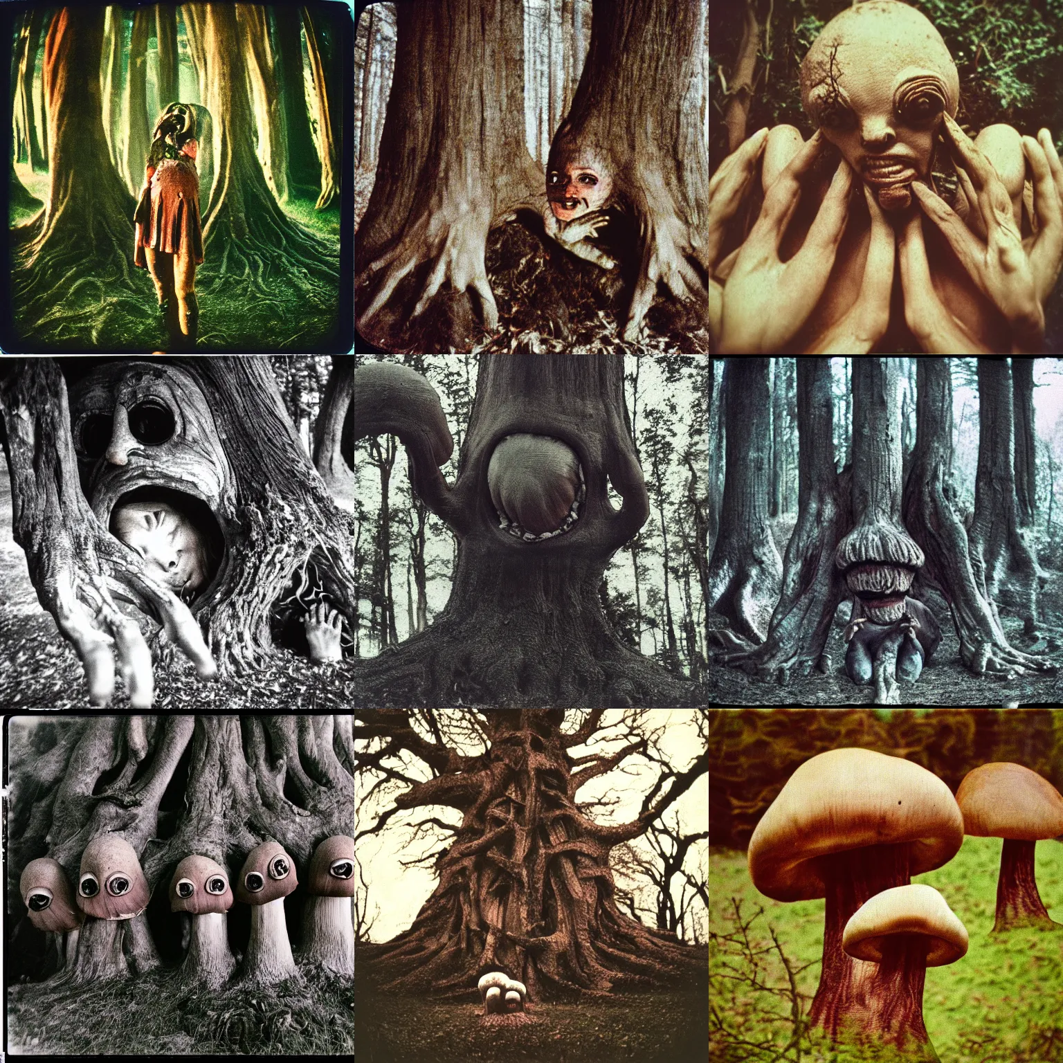 Prompt: swallowing mushrooms, critical moment, terrifying tree monster with distorted faces made of bark, lovecratftian horror, pans labyrinth, shot on expired instamatic film