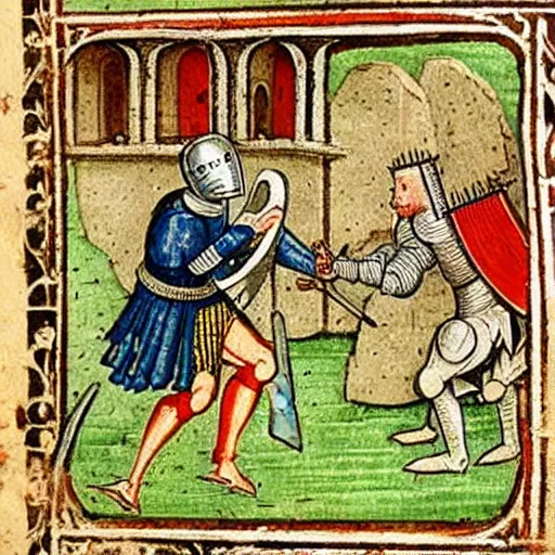 Image similar to a 1 5 th century medieval manuscript illustration of a knight stabbing a large snail