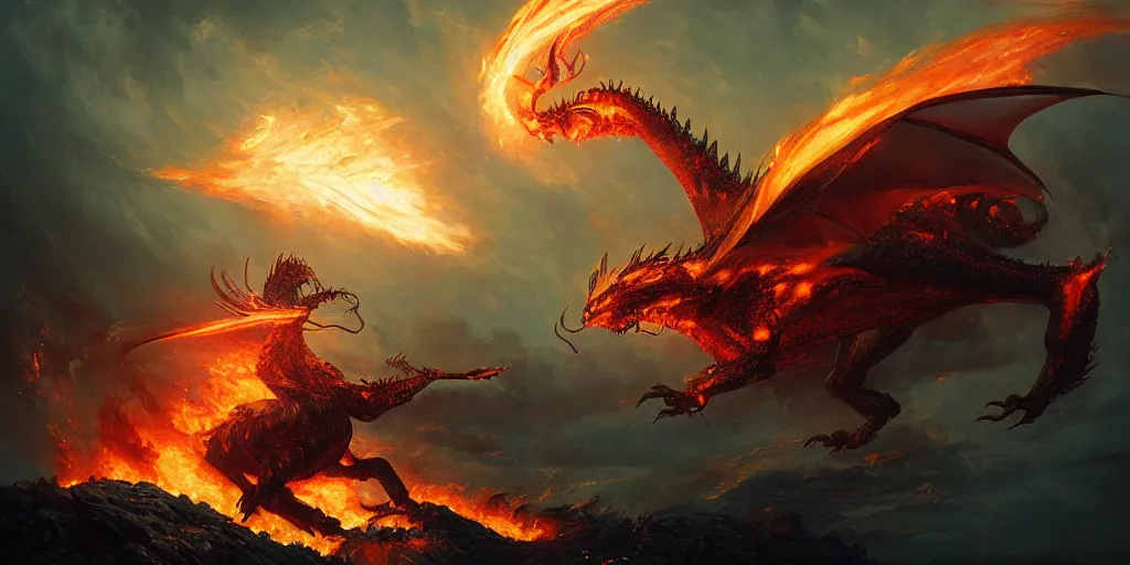 Image similar to Sauron flying in front of the Eye of Souron, a dragon throwing fire, backlighting, oil painting, by Greg Rutkowski