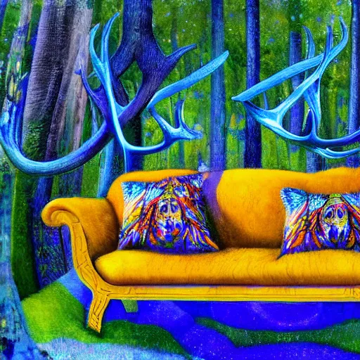 Image similar to psychedelic couch sofa in the lush pine forest, outer space, milky way, moose antlers, designed by arnold bocklin, jules bastien - lepage, tarsila do amaral, wayne barlowe and gustave baumann, cheval michael, trending on artstation, star, sharp focus, colorful refracted sparkles and lines, soft light, 8 k 4 k