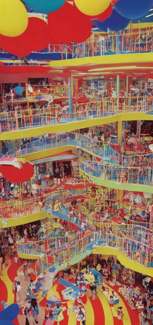 Image similar to the interior of a colorful dr. seuss - themed 1 9 8 0 s mall with mall - goers