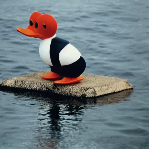 Prompt: a duck dressed in a tuxedo, sitting on a red button, in a nuclear submarine, 3 5 mm grainy film