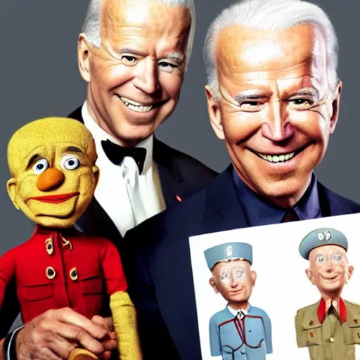 Image similar to UHD candid color photo of Klaus Schwab in Nazi uniform holding a Joe Biden ventriloquist dummy, accurate faces, UHD, photorealistic, correct face, photo by Annie Leibowitz