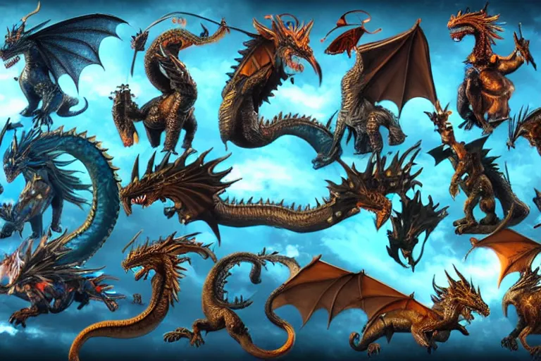 Image similar to highly detailed icons of many various fantasy dragons from fantasy games. Perfect lighting, ray tracing, realistic.