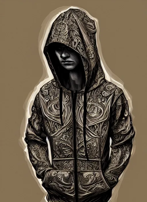 Image similar to guy with hoodie hiding on papercraft, realistic, surealism, lavish, steep, aesthetic, extravagant, shiny, fantasy, intricate, elegant, extremely higly detailed, digital painting, artstation, ornate, grotesque, baroque, concept art, smooth, sharp focus, full body focus, street wear digital art