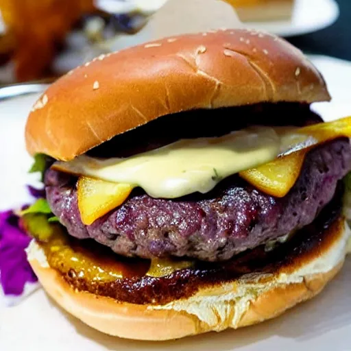 Prompt: A delightful burger on a white plate