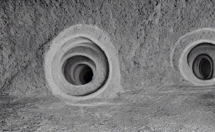 Image similar to hyper liminal photo, sponge with many tunnels inside each hole, tunnels lead to different worlds, surreal, ominous creature hiding detailed, high definition, mysterious, low quality photo, surrealist depiction of a normal sponge, trending, m. c. esher