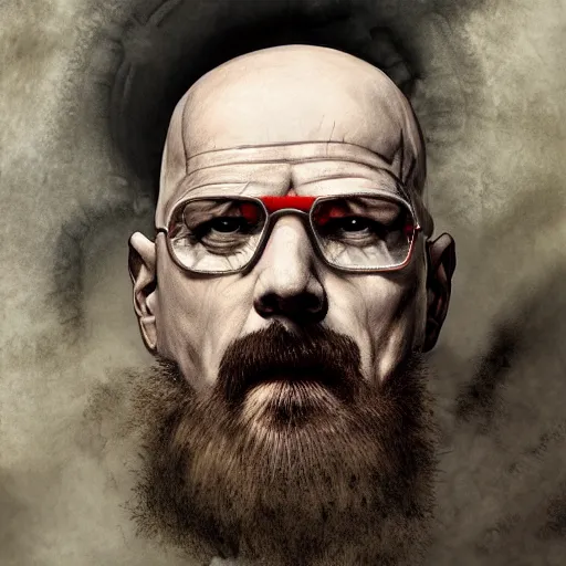 Image similar to Heisenberg as Kratos, highly detailed, digital painting, artstation, concept art, smooth, sharp focus, illustration, ArtStation, art by artgerm and greg rutkowski and alphonse mucha and J. C. Leyendecker and Edmund Blair Leighton and Katsuhiro Otomo and Geof Darrow and Phil hale and Ashley wood and Ilya repin and Charlie Bowater