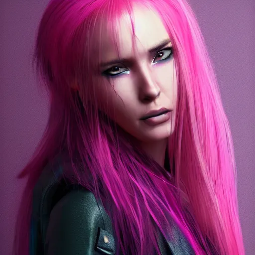 Image similar to Portrait of a woman with bright glowing strands of hair, pink dyed hair and a fringe, posing ready for a fight, artstation, cgsociety, masterpiece