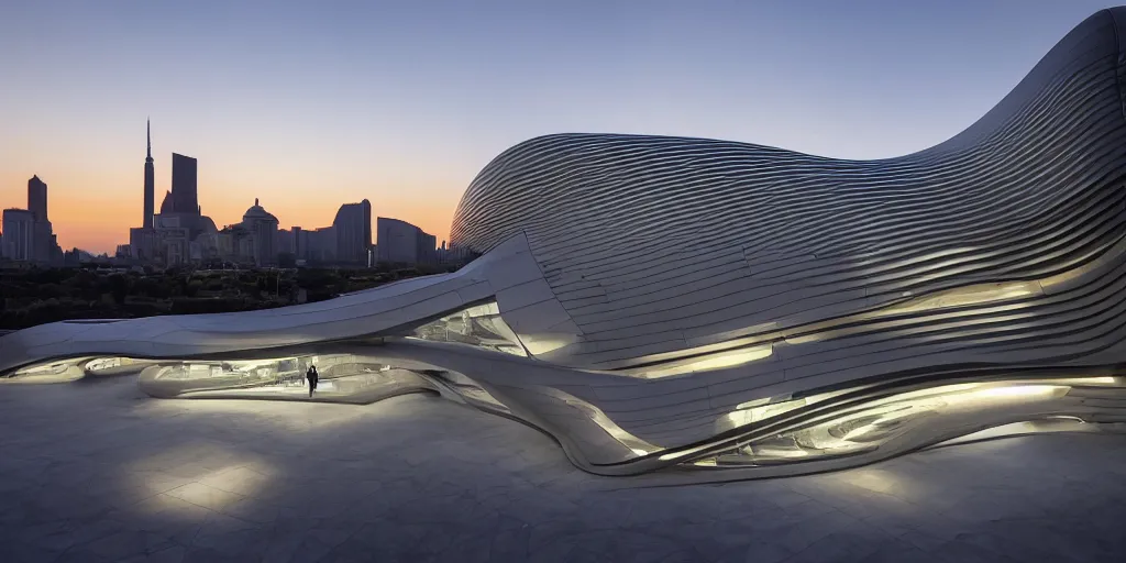 Image similar to extremely elegant smooth detailed stunning sophisticated beautiful elegant futuristic museum exterior by Zaha Hadid, Milan buildings in the background, smooth curvilinear design, stunning volumetric light, stainless steal, concrete, translucent material, beautiful sunset, tail lights