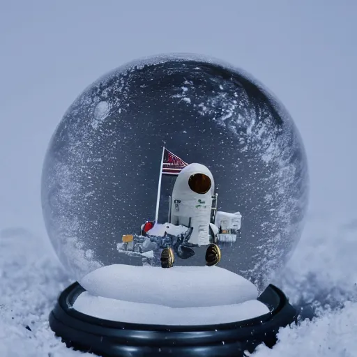 Image similar to space rocket landing on the moon inside a snow globe