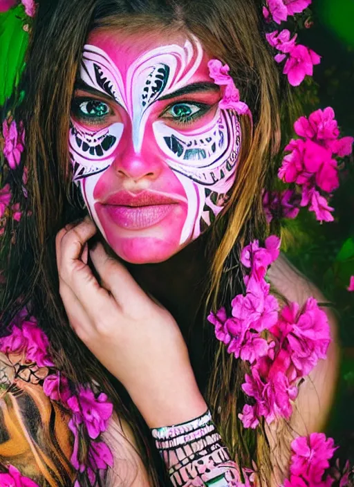 Prompt: a beautiful portrait of a beautiful woman in the jungle surrounded by pink flowers, tribal face paintings, fantasy art