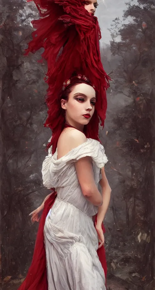 Image similar to one person only. One head only. Long flowing dress. Oversized flowing swirling dress. Solomon Joseph Solomon and Richard Schmid and Jeremy Lipking victorian genre painting portrait painting of a young beautiful woman punk rock goth with punk rock haircut in fantasy costume, red background