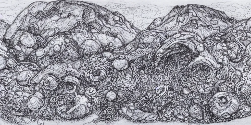 Prompt: doodle ballpoint pen drawing of a alien landscape with strange life forms, detailed