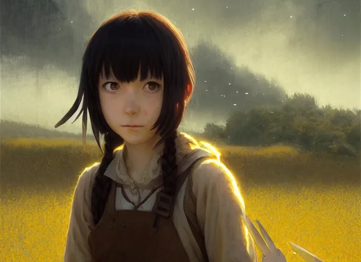 Prompt: lain iwakura lain as medieval peasant working in the field wiping off sweat yellow hairclip sparkling amber cute eyes wonderful masterpiece highly detailed scifi, beautiful cinematic light deep focus, elegant, digital painting, smooth, sharp focus, golden ratio, dramatic illumination, ultra realistic, 4 k, art by greg rutkowski wlop rossdraws