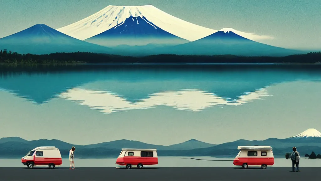 Image similar to a scene of two travellers and their camper touring at the edge of yamanaka lake, reflecting mount fuji, japan, a collage painting, in the style of wes anderson, lola dupre, david hockney, isolated on negative white space background dark monochrome neon spraypaint accents volumetric octane render