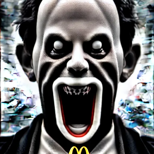 Image similar to mcdonald's horror tv advertisement, nightmare, black and white, ultra realistic, 4 k, digital art, cinematic style of david kronenberg