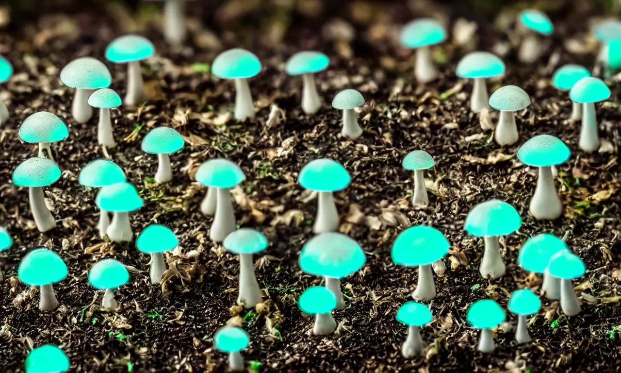 Prompt: a macro shot of bioluminescent mushrooms mushrooms, dof, 4k, bokeh, acid pixie acid pixie, mystic hues