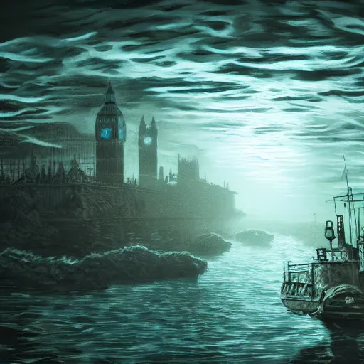 Image similar to underwater Westminster, deep underwater, fish shoal, concept art in style of Greg Rutkowki, dynamic lighting, 4k, very highly detailed, hyper realistic