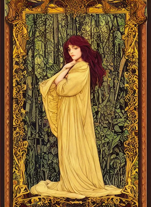 Image similar to masterpiece beautiful seductive flowing curves pose preraphaelite portrait photography, straight bangs, yellow ochre ornate medieval dress, mushroom forest arch, william morris and kilian eng and mucha, framed, 4 k