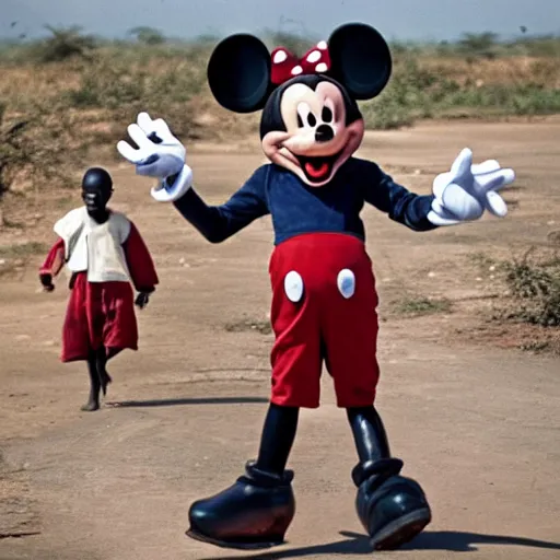 Image similar to Mickey Mouse in Africa helping starving children, photo, BBC