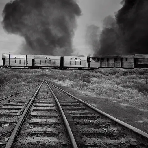 Prompt: Old boxcar train on the railroad, fire in the background, atmospheric and depressed, post-apocalyptic, Cinematic, film still from a horror movie