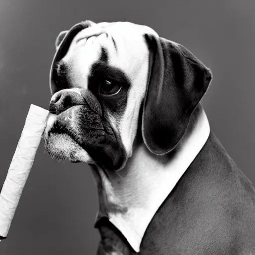 Prompt: a boxer dog smokes a cigar, in the style of Cassius Marcellus Coolidge