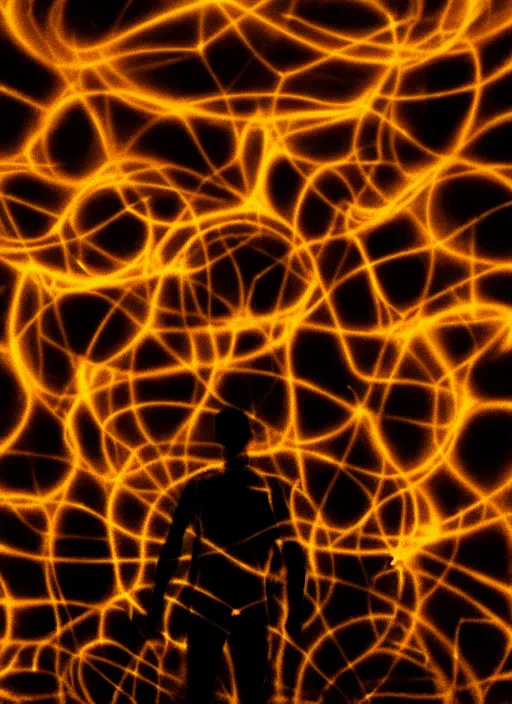 Image similar to fractal human silhouette, large diffused glowing aura, long exposure, film grain, cinematic lighting, field blur